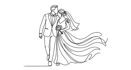 Obraz premium Minimalist Bride and Groom Walking Together Continuous Line Art Wedding Couple Romantic Vector Illustration Isolated on White Background