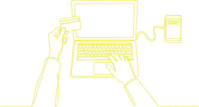 Online payment with credit card, laptop and card reader showing secure ecommerce checkout and digital banking transaction line art illustration