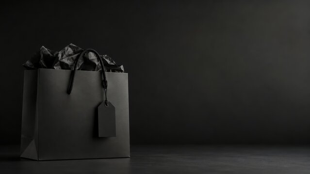  sleek black shopping bag filled with black tissue paper sits on a dark surface against a black background, featuring a blank black tag on the handle.