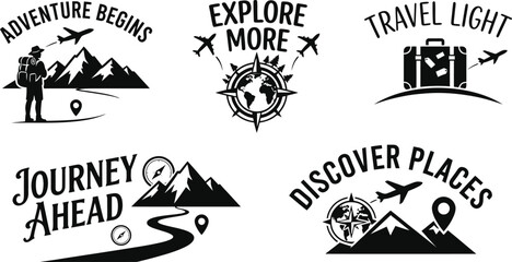 Premium black and white silhouette collection set of travel and adventure themed badges featuring mountains and planes © MstHasna