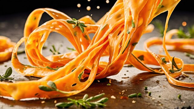 Extreme Macro Food Photography Of Creamy Fettuccine Alfredo With Velvety Parmesan Cheese Sauce And Fresh Herb Flecks
