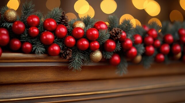 Festive Christmas Garland with Red Berries, Pine Cones, and Golden Bokeh Lights