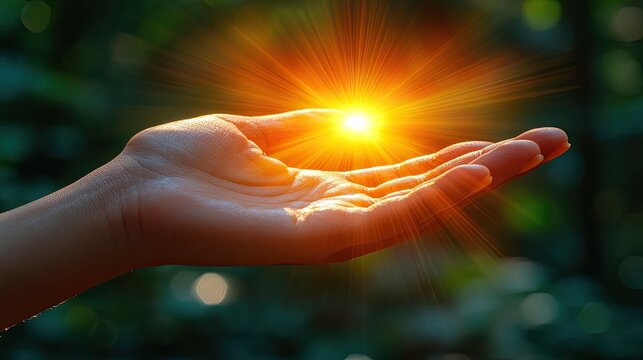 Hand holding bright sun flare, radiating light and energy, symbolizing hope, new beginnings, and spiritual connection in nature.