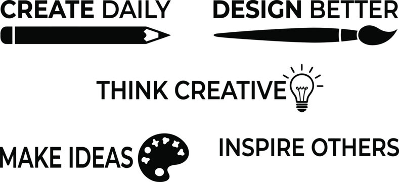 Premium black and white silhouette collection set of creative design icons featuring motivational quotes and artistic tools illustration