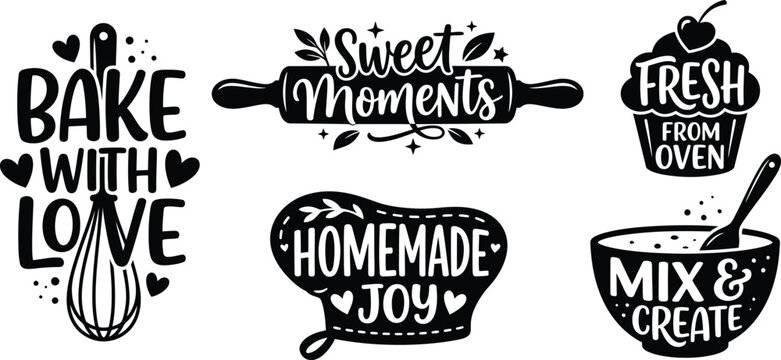 Premium black and white silhouette collection set of baking quotes and kitchen utensil illustrations for culinary design projects