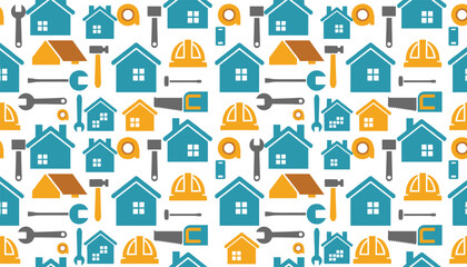Fototapeta premium Seamless pattern of construction and home renovation icons including houses, hammers, wrenches, and safety helmets on a white background.