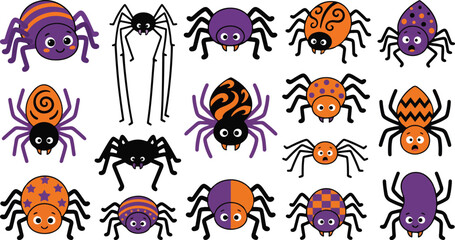 Obraz premium Collection of cute cartoon spiders in purple and orange colors isolated on a white background for halloween decoration