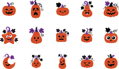 Obraz premium A collection of cute cartoon pumpkin stickers with various funny expressions for halloween decorations and seasonal holiday graphic design