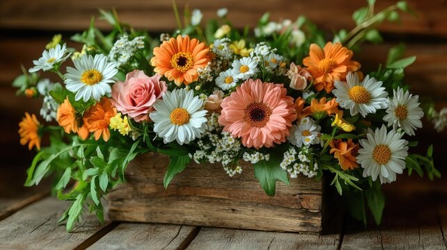 Vibrant Mixed Flower Arrangement in Rustic Wooden Crate, Spring Blooms, Daisy Gerbera Rose Bouquet