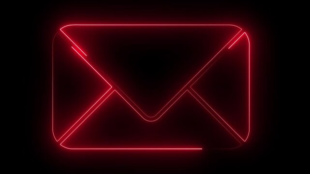 A vibrant red neon glowing envelope icon displayed on a dark black background, representing modern digital communication, email messaging, online correspondence, and internet connectivity.