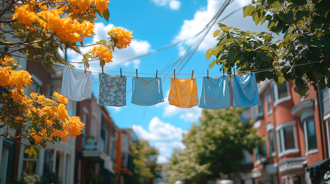 Laundry drying on a clothesline on a sunny street with blooming trees and charming buildings, vibrant summer day