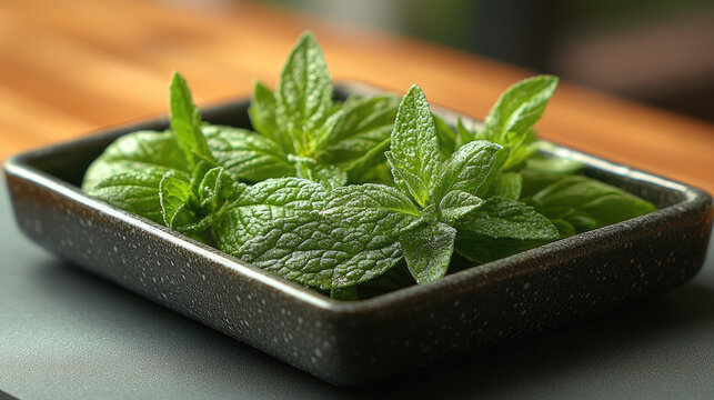 Fresh Mint Leaves in a Dark Bowl, Aromatic Herb for Culinary Use, Beverage Garnish, and Health Benefits