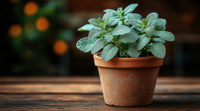 Fresh Mint Plant in Terracotta Pot on Rustic Wooden Table, Soft Bokeh Background