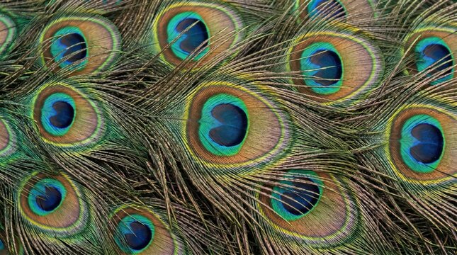 Extreme close up of iridescent peacock feathers featuring vibrant blue and green eye patterns with intricate golden brown barbules and fine filaments in a dense overlapping natural texture