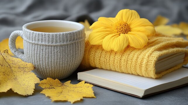 Cozy Autumn Morning: Knitted Mug of Tea, Book, Yellow Flower, and Fallen Leaves on Textured Blanket