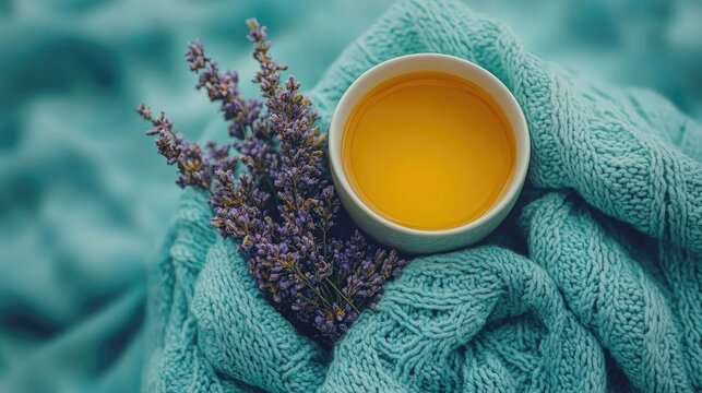 Cozy Autumn Relaxation: Cup of Warm Herbal Tea with Lavender Sprigs on a Soft Teal Knitted Blanket