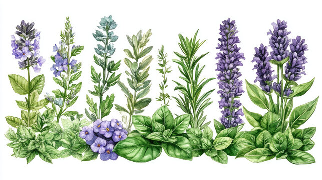 Vibrant Watercolor Collection of Fresh Culinary and Aromatic Herbs and Flowers Isolated on White Background