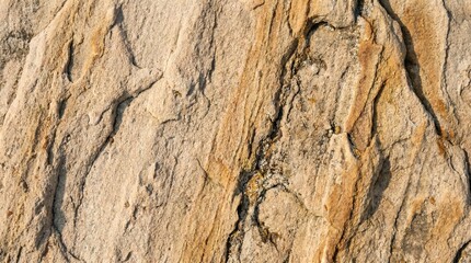 Naklejka premium Extreme macro close up of weathered sandstone rock surface with deep fissures and layered mineral deposits in shades of beige tan and golden brown showing rough granular texture and geological strata