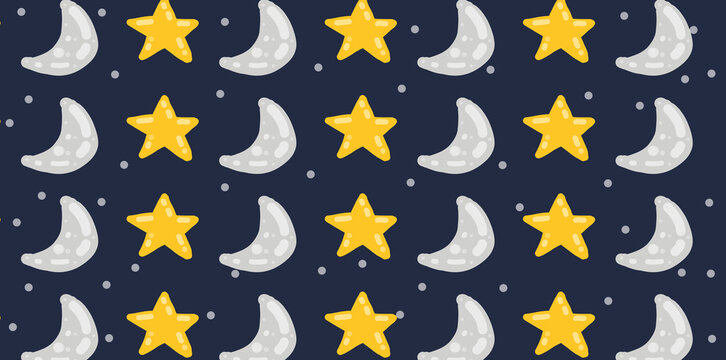 Cute Seamless Moon and Star Pattern on Dark Blue Night Sky Background