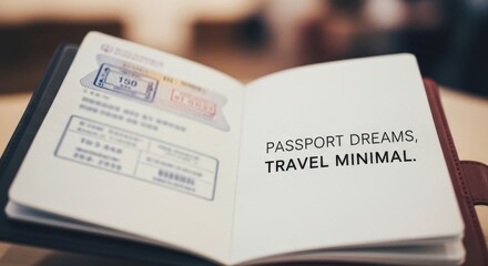 Fototapeta premium Open passport with travel stamps and minimalist text