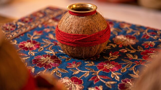 Close-up of sacred Anant Sutra thread placed with coconut and kalash on decorated cloth, traditional pooja setup for Anant Chaturdashi