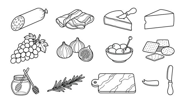 Assorted cheese, fruits, and bread sketches for gourmet dining, cheese platter, and snack presentation in a monochrome illustration