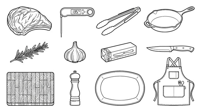 Cooking utensils and food preparation tools for kitchen including skillet knife apron garlic filament woodblock digital sketch