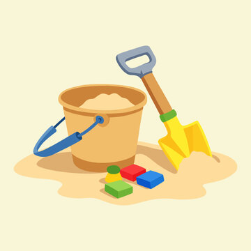 Kids beach toys including a sand bucket filled with sand, a shovel, and colorful models on the sand, vector illustration.