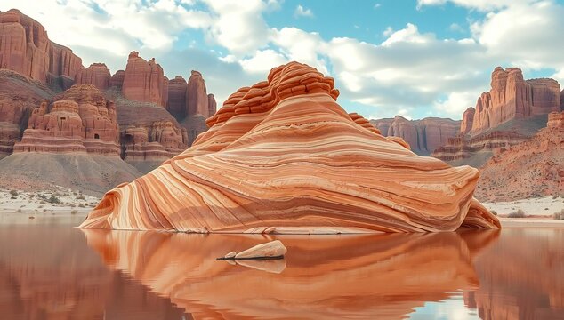 Red rock formation in desert landscape