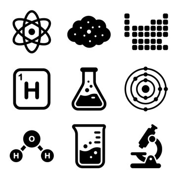 Collection of Science and Chemistry Icons with Atom, Periodic Table, Flask, and Microscope