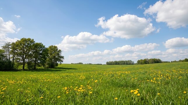 Green meadow filled with yellow dandelion flowers under a bright blue sky with white fluffy clouds and a line of green deciduous trees on the horizon of a rolling countryside landscape