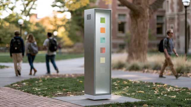 Digital outdoor interactive information kiosk pillar standing in campus park with blurred students walking in background.
