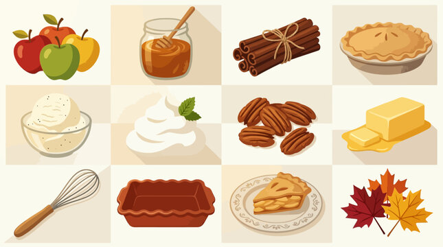Assorted autumnal desserts and ingredients including apples honey cinnamon pie whipped cream pecans butter and seasonal leaves for baking or holiday celebration