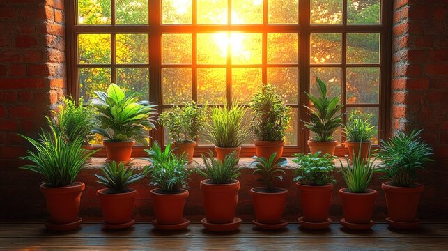 Sunlit Window Sill with Potted Green Plants, Golden Hour Light, Cozy Home Atmosphere