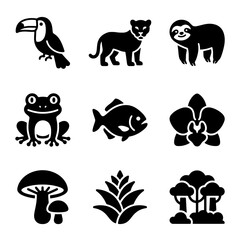 Fototapeta premium Collection of Stylized Black Animal and Nature Icons Representing Diverse Ecosystems