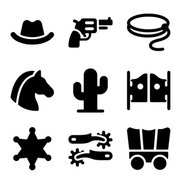 Silhouette Western Cowboy Icon Set Collection With Horse And Gun