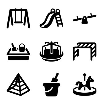 Set of Black Solid Icons Representing Children Playground Equipment and Toys