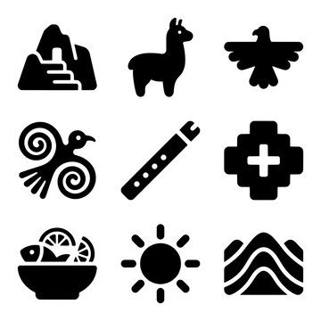 Solid Black Silhouette Icons Representing South American Culture and Nature