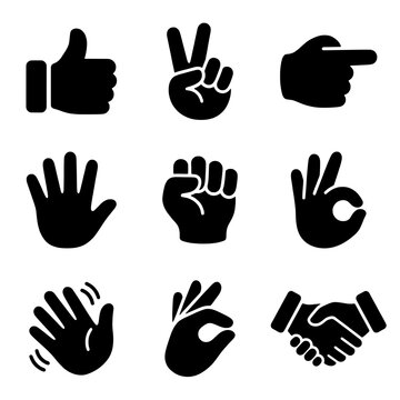Collection of Solid Black Hand Gestures and Symbols Representing Various Actions