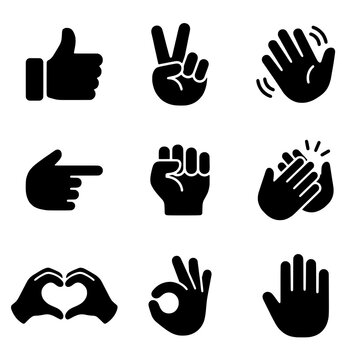 Collection of Black Hand Gestures and Icons on White Background