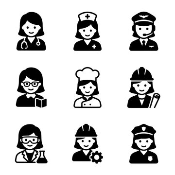 Diverse Profession Icons Representing Women in Various Careers and Roles
