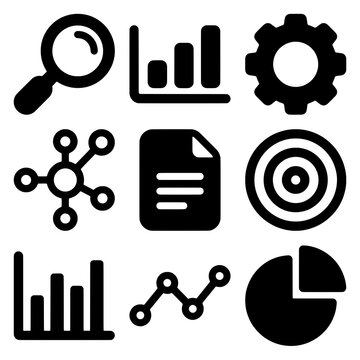 Black Outline Icons Set for Data Analysis and Business Strategy Concepts