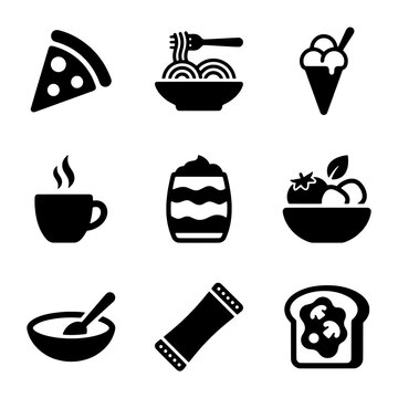 Set of Nine Silhouette Food and Drink Icons Including Pizza, Spaghetti, Ice Cream, Coffee, Dessert, Salad, Soup, Pasta, and Toast