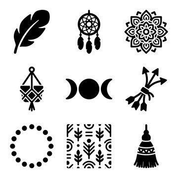 Bohemian Style Icons Featuring Feather, Dreamcatcher, Mandala, and Celestial Symbols