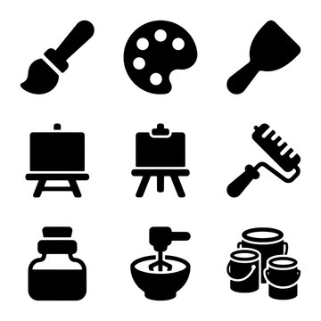 Set of Black Icons Representing Art Supplies and Painting Tools