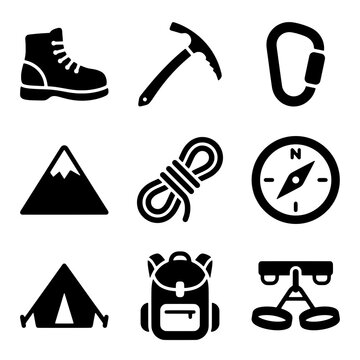 Set of Outdoor Adventure and Camping Equipment Icons for Mountaineering