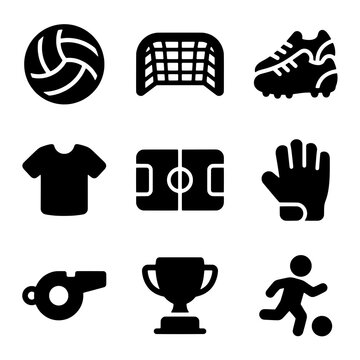 Set of Black Solid Football Soccer Sport Icons and Symbols