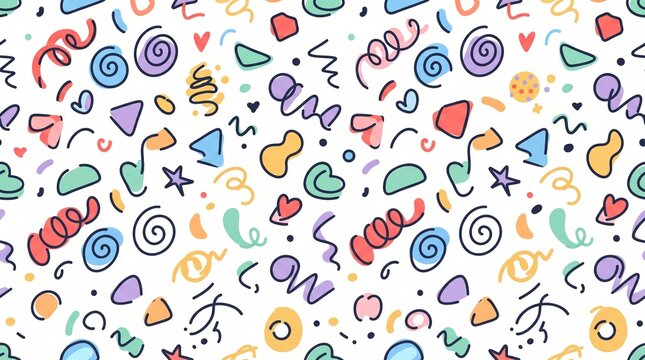 Colorful Seamless Abstract Doodle Pattern on White Background in Modern Memphis Style