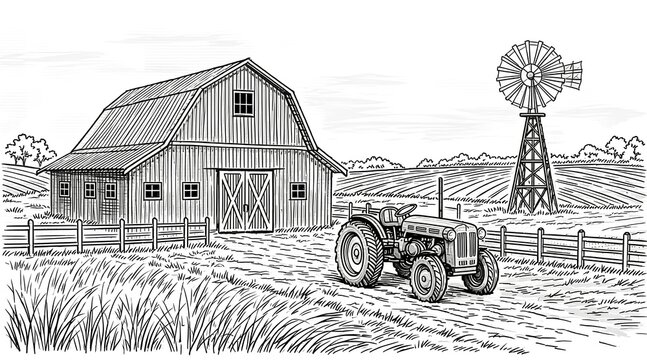 Vintage sketch of farm landscape with barn tractor and windmill