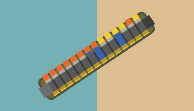 Tactical ammunition bandolier loaded with various colored shotgun shells for hunting, sports shooting, or military training activities.